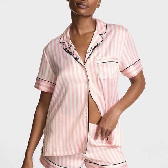 Victoria's Secret Signature Satin Short Pink and White Striped Pajama Set XL